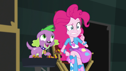 Size: 1912x1072 | Tagged: safe, imported from derpibooru, screencap, pinkie pie, spike, spike the regular dog, dog, equestria girls, movie magic, spoiler:eqg specials, boots, bracelet, clothes, crossed legs, female, high heel boots, jewelry, male, shoes, skirt