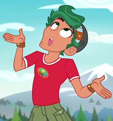 Size: 1003x1079 | Tagged: safe, imported from derpibooru, screencap, timber spruce, equestria girls, legend of everfree, legend of everfree - bloopers, camp everfree logo, camp everfree outfits, clothes, cropped, faic, male, shorts, solo, timberbetes