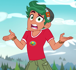 Size: 1177x1078 | Tagged: safe, imported from derpibooru, screencap, timber spruce, equestria girls, legend of everfree, legend of everfree - bloopers, camp everfree logo, camp everfree outfits, clothes, cropped, faic, male, shorts