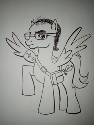 Size: 3264x2448 | Tagged: safe, artist:kenuma, imported from derpibooru, oc, oc only, oc:high stressed, pegasus, pony, bag, bald, black and white, cutie mark, glasses, grayscale, immobilizer, male, monochrome, original character do not steal, solo, stallion