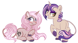 Size: 600x330 | Tagged: safe, artist:sinamuna, imported from derpibooru, oc, oc only, oc:cinnamon beat, oc:peppermint song, pony, unicorn, au:equuis, awkward smile, base used, blushing, brown eyes, brown fur, colored hooves, curly hair, cutie mark, duo, eyeshadow, female, gradient mane, horn, leonine tail, long hair, lying down, makeup, mare, multicolored hair, pink hair, purple eyes, purple hair, redesign, short hair, siblings, sisters, smiling, smirk, solo, updated design