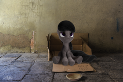 Size: 1695x1132 | Tagged: safe, artist:nebulafactory, imported from derpibooru, octavia melody, pony, 3d, begging, blender, box, cute, fluffy, irl, photo, ponies in real life, real life background, sad, sidewalk