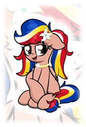 Size: 2433x3550 | Tagged: dead source, safe, artist:kimjoman, artist:php142, imported from derpibooru, oc, oc only, oc:pearl shine, pegasus, pony, accessories, accessory, bedroom eyes, cute, female, flower, looking at you, ponytail, sitting, solo, zoom layer