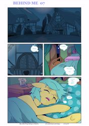 Size: 5784x8176 | Tagged: safe, artist:jeremy3, imported from derpibooru, sunshower raindrops, pegasus, pony, comic:behind me, absurd resolution, alternate universe, bed, bedroom, candle, comic, dresser, mirror, ponyville, sleeping