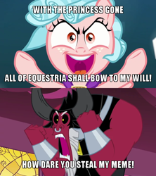 Size: 640x720 | Tagged: safe, edit, edited screencap, imported from derpibooru, screencap, cozy glow, lord tirek, pony, school raze, twilight's kingdom, angry, caption, crazy glow, crossing the memes, everyone steals tirek's meme, exploitable meme, female, filly, foal, hilarious in hindsight, image macro, insanity, meme, pure concentrated unfiltered evil of the utmost potency, pure unfiltered evil, rage, subverted meme, text, tirek vs everyone meme