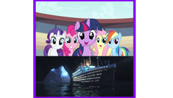 Size: 1920x1080 | Tagged: safe, artist:balabinobim, imported from derpibooru, applejack, fluttershy, pinkie pie, rainbow dash, rarity, twilight sparkle, pony, cruise ship, mane six, ocean liner, reaction image, titanic