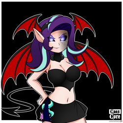 Size: 4000x4000 | Tagged: safe, artist:caoscore, imported from derpibooru, starlight glimmer, demon, human, belly button, breasts, cleavage, clothes, costume, female, humanized, light skin, midriff, miniskirt, skirt, smiling, smirk, solo, wings