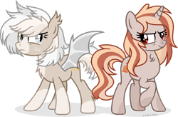 Size: 3022x1984 | Tagged: safe, artist:suramii, imported from derpibooru, oc, oc only, oc:arden flame, oc:cuddy, bat pony, pony, unicorn, bat pony oc, female, looking back, mare, simple background, transparent background