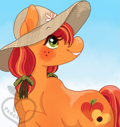 Size: 665x705 | Tagged: safe, artist:peachy-pea, imported from derpibooru, oc, oc only, earth pony, pony, blushing, female, freckles, gradient background, hair tie, hat, mare, smiling, solo