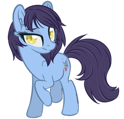 Size: 600x577 | Tagged: safe, artist:sinamuna, imported from derpibooru, oc, oc only, oc:culinary sonata, pony, base used, blue fur, cutie mark, female, purple hair, sassy, short hair, slit pupils, smiling, smirk, smug, solo, yellow eyes