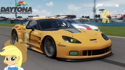 Size: 480x270 | Tagged: safe, artist:forzaveteranenigma, imported from derpibooru, applejack, equestria girls, bmw, bmw m8, bmw m8 gte, car, chevrolet, corvette, corvette c6, corvette c6-r, daytona international speedway, driving, florida, forza motorsport 7, photo, racing, watermark