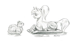 Size: 1400x808 | Tagged: safe, artist:baron engel, imported from derpibooru, oc, oc:quick silver, cat, earth pony, pony, cushion, female, grayscale, lying down, mare, monochrome, pencil drawing, ponytail, simple background, story included, traditional art, white background