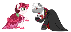 Size: 1024x469 | Tagged: safe, artist:strawberry-spritz, artist:yokokinawa, imported from derpibooru, oc, oc:dracula, oc:spookberry smile, earth pony, pony, vampire, vampony, bow, bowtie, cape, clothes, dress, gala dress, simple background, transparent background