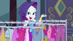 Size: 1920x1080 | Tagged: safe, imported from derpibooru, screencap, rarity, equestria girls, equestria girls series, street chic, spoiler:eqg series (season 2), autumn, bracelet, clothes rack, cute, eyeshadow, female, geode of shielding, jewelry, lidded eyes, looking at you, magical geodes, makeup, open mouth, raribetes, smiling, solo, talking, talking to viewer, window