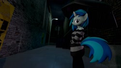 Size: 1920x1080 | Tagged: safe, artist:gr-vinyl-scratch, imported from derpibooru, dj pon-3, vinyl scratch, anthro, 3d, alley, alleyway, clothes, female, rain, shirt, source filmmaker, umbrella