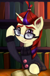 Size: 4200x6400 | Tagged: safe, artist:darksly, imported from derpibooru, moondancer, pony, unicorn, absurd resolution, book, bookshelf, clothes, commission, cute, female, glasses, looking at you, mare, smiling, solo, sweater