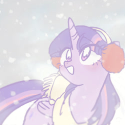 Size: 768x768 | Tagged: safe, artist:xp_r6, imported from derpibooru, twilight sparkle, alicorn, pony, blushing, breath, clothes, cute, earmuffs, female, looking up, mare, open mouth, scarf, smiling, snow, snowfall, solo, twiabetes, twilight sparkle (alicorn), winter