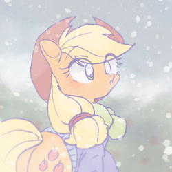 Size: 768x768 | Tagged: safe, artist:xp_r6, imported from derpibooru, applejack, earth pony, pony, applejack's hat, blushing, clothes, cowboy hat, cute, female, freckles, hat, jackabetes, mare, snow, snowfall, solo, winter