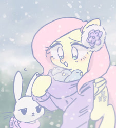 Size: 665x737 | Tagged: safe, artist:xp_r6, imported from derpibooru, angel bunny, fluttershy, bird, pegasus, pony, rabbit, blushing, clothes, cute, female, mare, open mouth, snow, sweater, winter