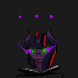 Size: 600x600 | Tagged: safe, artist:sinsays, imported from derpibooru, part of a set, twilight sparkle, pony, unicorn, ask corrupted twilight sparkle, tumblr:ask corrupted twilight sparkle, :i, :l, :|, book, color change, confused, corrupted, corrupted twilight sparkle, curved horn, dark, dark equestria, dark magic, dark queen, dark world, darkened coat, darkened hair, female, horn, magic, part of a series, pedestal, poker face, possessed, queen twilight, roleplay, roleplaying, solo, sombra empire, sombra eyes, sombra horn, sombra's horn, tumblr, tyrant sparkle, unicorn twilight