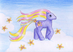 Size: 1280x911 | Tagged: safe, artist:normaleeinsane, imported from derpibooru, dibble dabble, pony, cloud, female, flower, g3, solo, traditional art