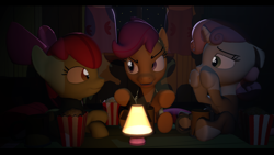 Size: 1920x1080 | Tagged: safe, artist:skylairo, imported from derpibooru, apple bloom, scootaloo, sweetie belle, pegasus, pony, unicorn, 3d, blicking, cutie mark crusaders, dark, food, ghost story, lamp, ponyville, popcorn, scary stories, scary story