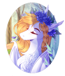 Size: 1200x1400 | Tagged: safe, artist:kseniyart, imported from derpibooru, oc, oc only, bat pony, pony, bust, eyes closed, female, floral head wreath, flower, mare, portrait, solo