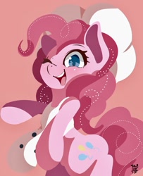 Size: 967x1192 | Tagged: safe, artist:tohupo, imported from derpibooru, pinkie pie, pony, apron, chef's hat, clothes, colored pupils, cute, diapinkes, female, hat, mare, one eye closed, pink background, simple background, smiling, solo, wink