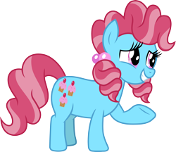 Size: 3478x3000 | Tagged: safe, artist:cloudy glow, artist:cloudyglow, imported from derpibooru, cup cake, earth pony, pony, the perfect pear, chiffon swirl, female, food, simple background, smiling, solo, transparent background, underhoof, vector