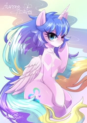 Size: 1451x2048 | Tagged: safe, artist:bbtasu, imported from derpibooru, oc, oc only, alicorn, pony, alicorn oc, anime, cute, female, looking at you, mare, one eye closed, solo, wink