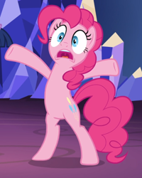 Size: 734x919 | Tagged: safe, imported from derpibooru, screencap, pinkie pie, earth pony, pony, shadow play, bipedal, cropped, female, hooves in air, mare, open mouth, solo focus, underhoof, wide eyes