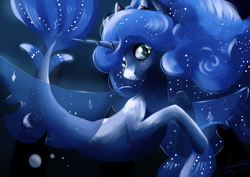 Size: 3510x2490 | Tagged: safe, artist:filama, imported from derpibooru, princess luna, alicorn, seapony (g4), bubble, female, high res, night, seaponified, seapony luna, smiling, solo, species swap, underwater, water