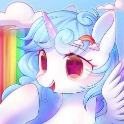 Size: 1800x1800 | Tagged: safe, artist:leafywind, imported from derpibooru, oc, oc only, alicorn, pony, alicorn oc, blushing, cloud, cute, female, hairpin, mare, ocbetes, open mouth, rainbow, rainbow waterfall, sky, solo, starry eyes, wingding eyes