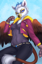 Size: 1618x2500 | Tagged: safe, artist:entarra, imported from derpibooru, oc, oc only, anthro, griffon, anthro oc, clothes, cloud, female, griffon oc, jacket, looking at you, pants, shirt, sky, solo, varsity jacket