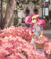 Size: 2700x3080 | Tagged: safe, artist:xjenn9, imported from derpibooru, fluttershy, anthro, basket, blushing, clothes, cute, female, floppy ears, shyabetes, signature, smiling, solo, tree