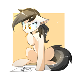 Size: 1000x1000 | Tagged: safe, artist:morningbullet, imported from derpibooru, oc, oc only, oc:noot, earth pony, pony, drawing, female, floppy ears, mare, mouth hold, pencil, sitting, solo