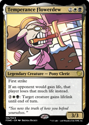 Size: 375x523 | Tagged: safe, artist:brendahickey, edit, imported from derpibooru, temperance flowerdew, pony, spoiler:comic63, carrie nation, ccg, glasses, magic the gathering, sword, trading card, trading card edit, weapon