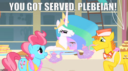 Size: 888x499 | Tagged: safe, edit, edited screencap, imported from derpibooru, screencap, carrot cake, cup cake, princess celestia, a bird in the hoof, season 1, caption, food, image macro, mouth hold, tea, teapot, text, trollestia