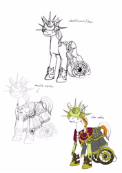 Size: 2480x3508 | Tagged: safe, artist:php154, artist:trojan-pony, imported from derpibooru, oc, oc only, oc:soothe soul, pony, unicorn, concept art, crown, dark souls, helmet, hidden eyes, jewelry, mantle, regalia, wheelchair