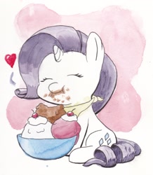 Size: 1905x2189 | Tagged: safe, artist:lost marbles, imported from derpibooru, rarity, pony, unicorn, abstract background, bowl, cherry, chibi, cute, eating, eyes closed, female, food, heart, ice cream, messy eating, raribetes, sitting, smiling, solo, this will end in weight gain, traditional art