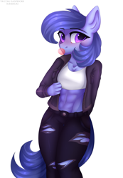 Size: 2907x4200 | Tagged: safe, artist:sukiskuki, imported from derpibooru, oc, oc only, oc:raylanda, anthro, earth pony, abs, anthro oc, bubblegum, clothes, food, gum, jeans, looking at you, midriff, pants, ripped jeans, shirt, simple background, solo, t-shirt, torn jeans, transparent background