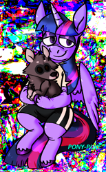 Size: 610x988 | Tagged: safe, artist:pony-puke, imported from derpibooru, twilight sparkle, alicorn, pony, raccoon, semi-anthro, clothes, female, lidded eyes, shirt, shorts, smiling, solo, twilight sparkle (alicorn)