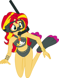 Size: 1024x1335 | Tagged: safe, artist:shoxxe, artist:zefrenchm, imported from derpibooru, sunset shimmer, equestria girls, equestria girls series, bikini, clothes, colored, dive mask, female, flippers, flippers (gear), geode of empathy, goggles, magical geodes, simple background, snorkel, solo, sunset shimmer's beach shorts swimsuit, swimsuit, transparent background, vector