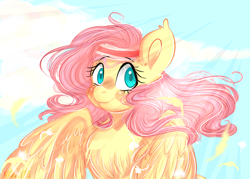 Size: 2898x2070 | Tagged: safe, artist:compassrose0425, artist:inkwellartz, imported from derpibooru, fluttershy, pegasus, pony, hurricane fluttershy, bright, bust, chest fluff, crepuscular rays, cute, feather, female, looking at you, mare, outdoors, portrait, shyabetes, sky, smiling, solo, sweatband, three quarter view, windswept mane, wings