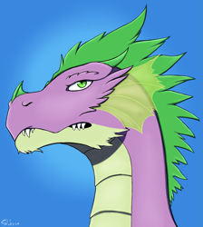 Size: 2073x2310 | Tagged: safe, artist:shkura2011, imported from derpibooru, spike, dragon, blue background, bust, glare, gradient background, male, portrait, simple background, solo, spikezilla