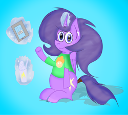 Size: 1998x1799 | Tagged: safe, artist:wonderschwifty, imported from derpibooru, oc, oc:wonder sparkle, pony, clothes, ipad, shirt, sitting, t-shirt