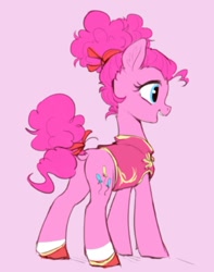 Size: 706x897 | Tagged: safe, artist:luciferamon, imported from derpibooru, pinkie pie, earth pony, pony, alternate hairstyle, butt, clothes, cute, diapinkes, dock, female, mare, open mouth, pink background, plot, simple background, smiling, solo