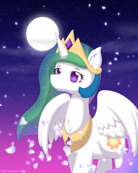 Size: 2000x2500 | Tagged: safe, artist:rockfannel, imported from derpibooru, princess celestia, alicorn, pony, female, flower petals, full moon, high res, mare, moon, night, solo, stars