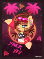 Size: 1200x1622 | Tagged: safe, artist:ciderpunk, imported from derpibooru, oc, oc only, oc:silver veil, bat pony, pony, 80s, bandana, bat pony oc, clothes, ear piercing, earring, female, glasses, jewelry, looking at you, open mouth, piercing, retro, retrowave, synthwave, wristband