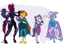 Size: 1280x905 | Tagged: safe, artist:ursa, imported from derpibooru, starlight glimmer, sunburst, tempest shadow, trixie, anthro, unguligrade anthro, unicorn, armor, axe, battle axe, book, clothes, colored hooves, cup, empathy cocoa, i mean i see, size chart, size comparison, size difference, trixie's wagon, weapon